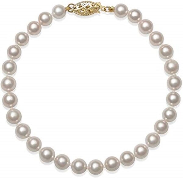 AA Quality White Cultured Freshwater Pearl Bracelet in 14K Yellow Gold, Fishhook Clasp, Size- 5mm to 9mm, Length- 6.5 to 8.5 Inches, Real Pearl Jewelry for Women, Gift Box Included