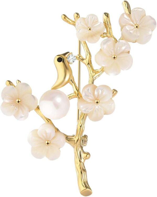 Gold Brooch with Natural Freshwater Pearls - Handcrafted Shawl Pin in Elegant Plum Design, Ideal Birthday Gift for Her, Women's Luxury Accessory