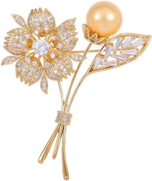 Gold Crystal Flower Brooch with Shiny Pearls - Exquisite Floral Pin, Versatile Gift for Mother's Day, Valentine's, or Friendship Celebrations