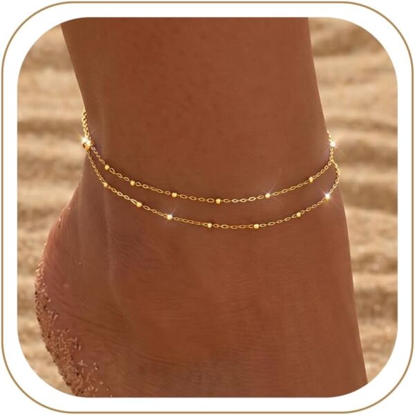 Gold Ankle Bracelets for Women Waterproof, Non Tarnish 14K Gold Plated Beaded Link Chain Anklets, Layered Summer Beach Jewelry Gifts, Dainty Bikini Outfits for Vacation
