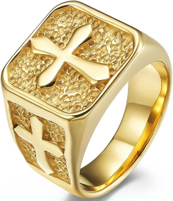Stainless Steel Signet Style Christian Cross Religious Cocktail Party Biker Statement Wedding Ring