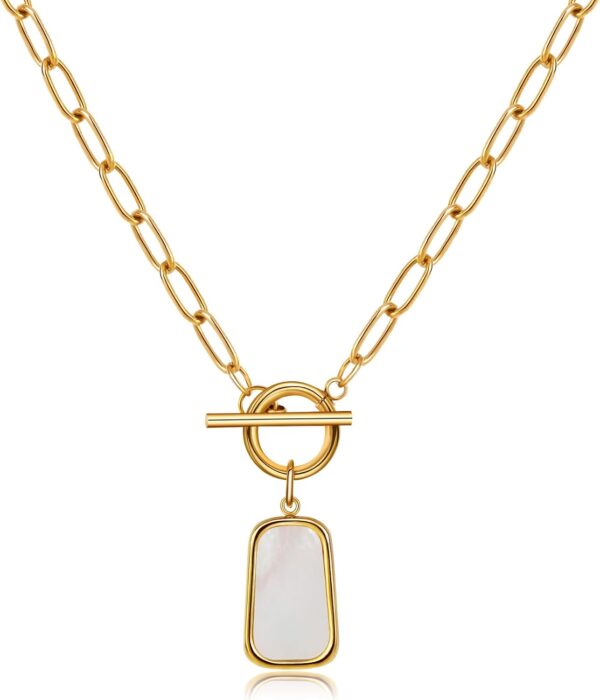 Natural White Sea Shell OT Clasp Long Plate Pendant Necklace For Women Trendy Elegant in Color and Luster Titanium Steel Electroplated with 18K Gold Necklaces