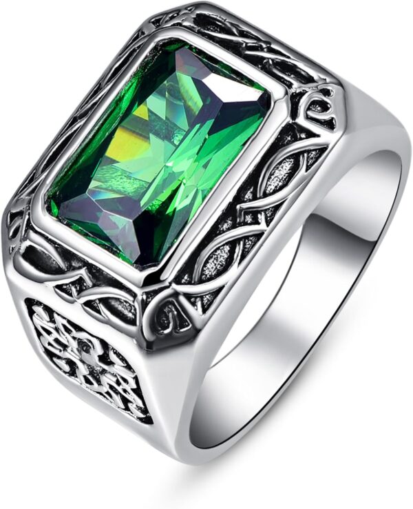 12x8mm Simulated Mens Emerald|Ruby Sapphire|Onyx Ring Stainless Steel Vintage Celtic Design Mens Ring Signet Style Rings for Men Wedding Gift for Husband, Father, Grandpa Size 8-12