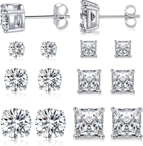 6 Pairs Stud Earrings Set 3mm/5mm/7mm Princess & Round Cubic Zirconia Earrings Hypoallergenic 316L Surgical Stainless Steel CZ Earrings for Women Men