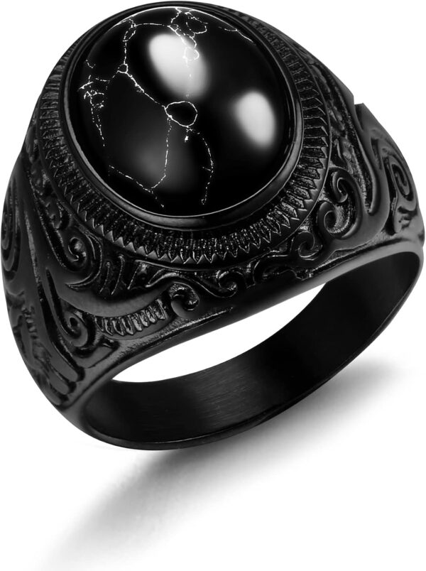 Retro Tiger Eye Stone Mens Rings, Black Onyx Rings for Men Stainless Steel Ring Oval Biker Ring for Mens Jewelry