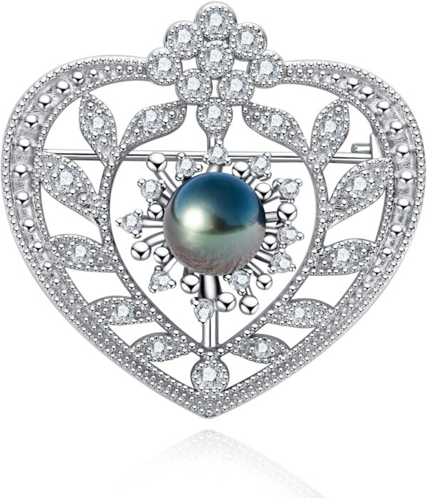 9-10MM Tahitian Black Pearl with Moissanite Heart Brooch Pin/Pendant, Handselected Black Pearls, D Color Moissanite, Sterling Silver, 2 in 1 Mulpurpose, A Variety of Ways to Wear