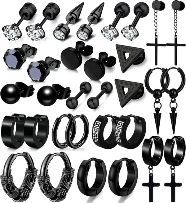 Men Earrings Set -Stainless Steel Cross Dangle Hoop & Ear Stud Fashion Piercing Jewelry for Birthdays, Parties & More