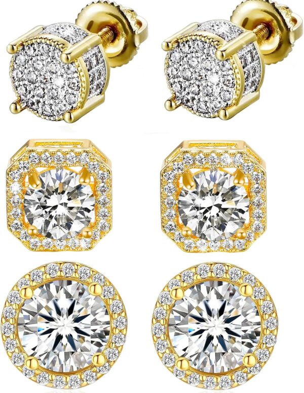 Stud Earrings for Men,18K White Gold Plated Round Square Cubic Zirconia Hypoallergenic Studs Earrings Set for Women